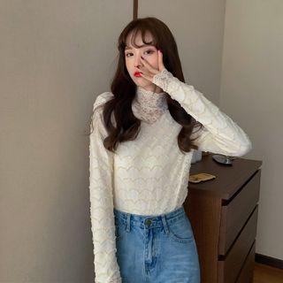 Long-sleeve Lace Trim Turtleneck T-shirt