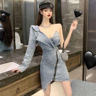 Long-sleeve One-shoulder Mini Bodycon Denim Dress