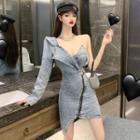 Long-sleeve One-shoulder Mini Bodycon Denim Dress