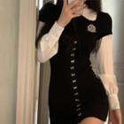 Mock Two-piece Long-sleeve Badge Embroidered Dress