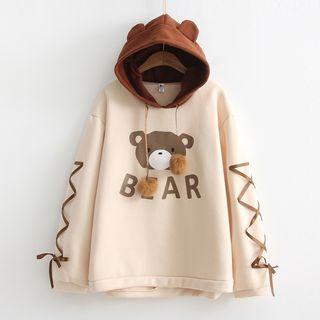 Pompom Bear Hooded Embroidered Lace-up Hoodie Khaki - One Size
