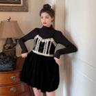 Long-sleeve Turtleneck Knit Top / Spaghetti Strap Lace Trim Mini A-line Dress