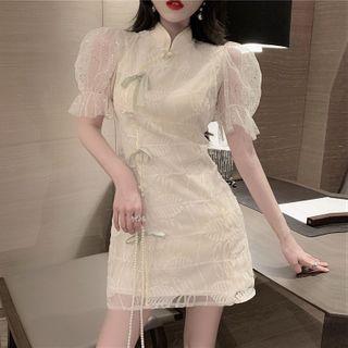 Puff-sleeve Sequined Leaf A-line Dress