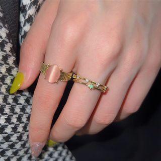 Set Of 2: Opal / Rhinestone Alloy Open Ring Set Of 2 - Gold - One Size