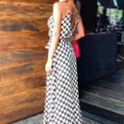 Spaghetti Strap Dotted Slit-front Maxi A-line Dress