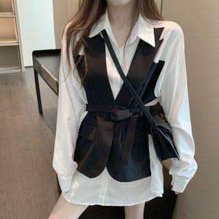 Mock Two-piece Tie-front Shirt Black & White - One Size