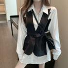 Mock Two-piece Tie-front Shirt Black & White - One Size