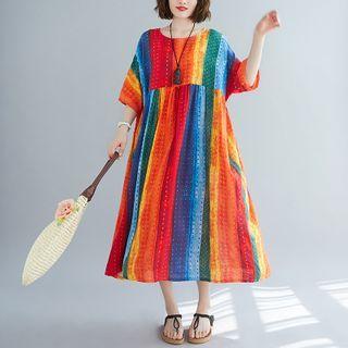 Short-sleeve Rainbow Stripe Midi Dress As Shown In Figure - One Size