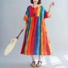 Short-sleeve Rainbow Stripe Midi Dress As Shown In Figure - One Size