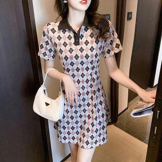 Short-sleeve Collar Argyle Mini A-line Dress