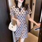 Short-sleeve Collar Argyle Mini A-line Dress