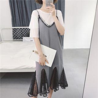 Check Panel Lace Loose-fit Spaghetti Strap Dress