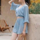 Set: Halter-neck Bikini + Elbow-sleeve Lace Cover Up + Shorts
