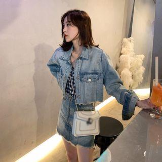 Set: Pocket Detail Cropped Denim Jacket + Fringed Hem Denim Mini A-line Skirt