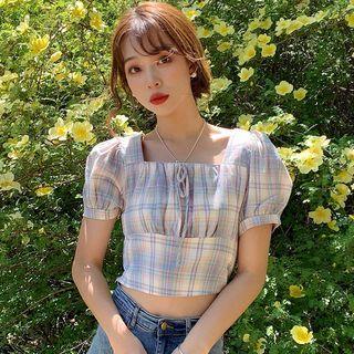 Plaid Puff-sleeve Square Neck A-line Dress / Cropped Blouse