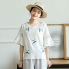 Embroidered Flounced Elbow-sleeve T-shirt