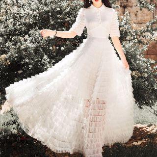 Short-sleeve Ruffled Maxi A-line Layered Mesh Dress