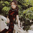 Short-sleeve Flamingo Print Qipao