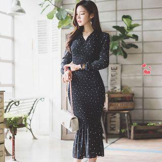 V-neck Ruffle Hem Dotted Long-sleeve Midi Dress