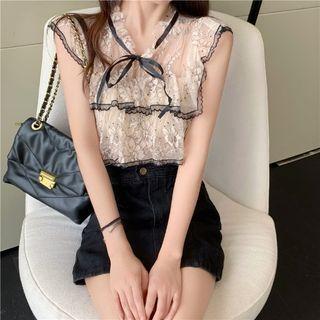 Contrast Trim Bow Accent Lace Top Black & Almond - One Size
