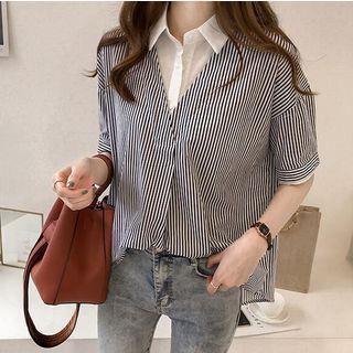 Short-sleeve Mock Two-piece Striped Blouse
