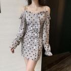 Cold-shoulder Dotted Double-breasted A-line Dress