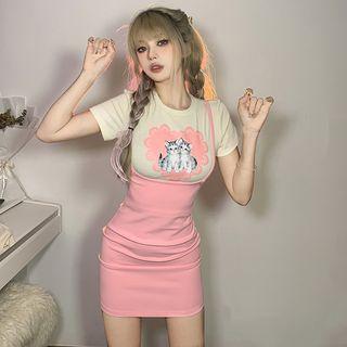 Set: Short-sleeve Cat Print T-shirt + Mini Sheath Overall Dress