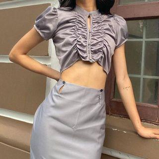 Short-sleeve Button-up Ruched Crop Top