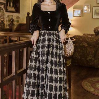 Long-sleeve Square-neck Plaid Panel Midi Dress