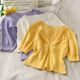 Deep V-neck Ruched Crop Knit Top