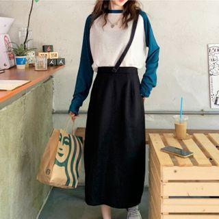 Raglan Knit Top / One-shoulder Midi Straight-fit Jumper Skirt
