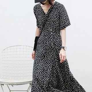 Elbow-sleeve Patterned Chiffon Slit A-line Midi Dress