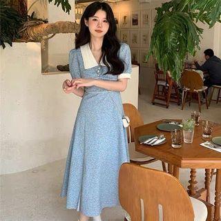 Short Sleeve Contrast Trim Floral Midi Collar Dress