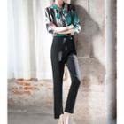 Tie-neck Pattern Panel Blouse / Straight-cut Pants