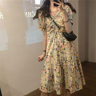 V-neck Floral Drawstring Midi Dress As Shown In Figure - One Size