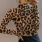 Mock-neck Long-sleeve Leopard Print T-shirt