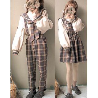 Plaid Panel Tie-neck Blouse/ Suspender A-line Skirt/ Suspender Pants