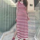 Spaghetti Strap Striped Bodycon Dress Red & White - One Size