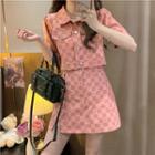 Set: Short-sleeve Checkered Jacket + Pin Detail Mini A-line Skirt
