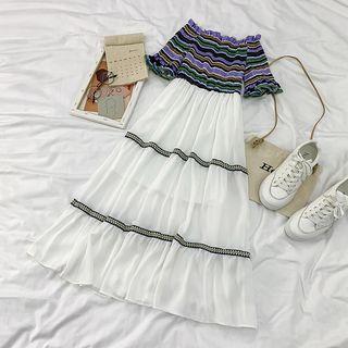 Frill Trim Elbow-sleeve Striped A-line Midi Dress White - One Size