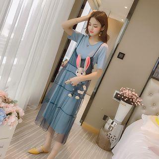 Set: Plain Short Sleeve T-shirt Dress + Mesh Spaghetti Strap Dress