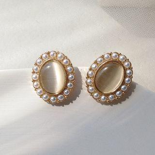 Faux Pearl Cat Eye Stone Earring 1 Pair - Silver Needle - As Shown In Figure - One Size