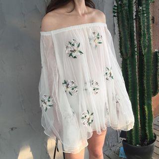 Long-sleeve Embroidered Chiffon Mini Dress