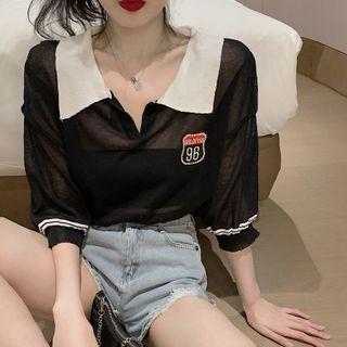 Short-sleeve Badge Print Polo Knit Top