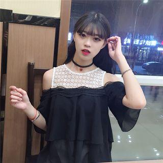 Lace Panel Cut Out Shoulder Elbow Sleeve Chiffon Top