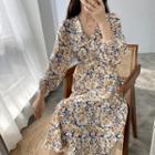 V-neck Long-sleeve Floral Print Chiffon Dress
