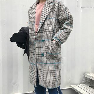 Plaid Woolen Coat Coffee - One Size