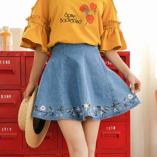 Floral Embroidery A-line Denim Skirt