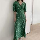 Short-sleeve Floral Print A-line Midi Dress Green - One Size