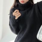 Distressed Turtleneck Long Sweater